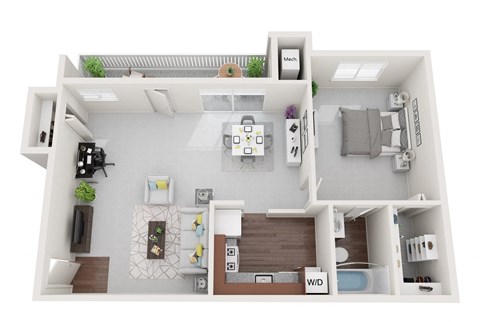 Floor plan for 1 bed, 1 bath, 595 sqft